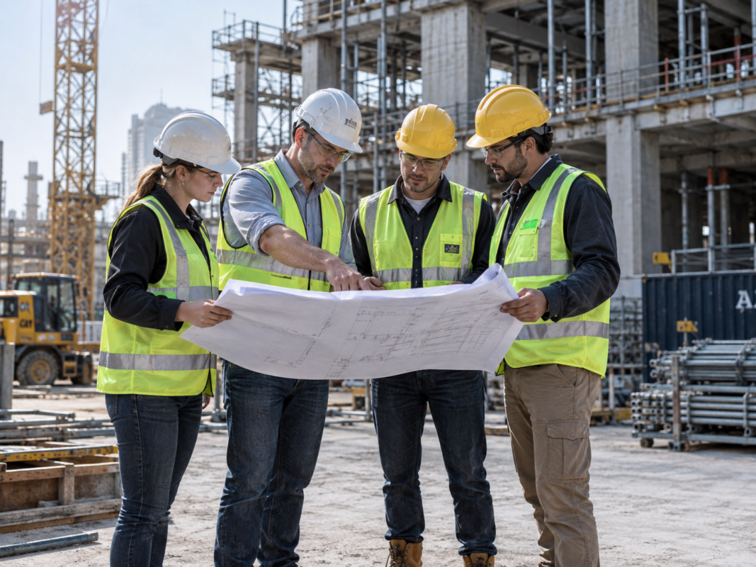 Ingénieurs en génie civil étudiant des plans sur un chantier