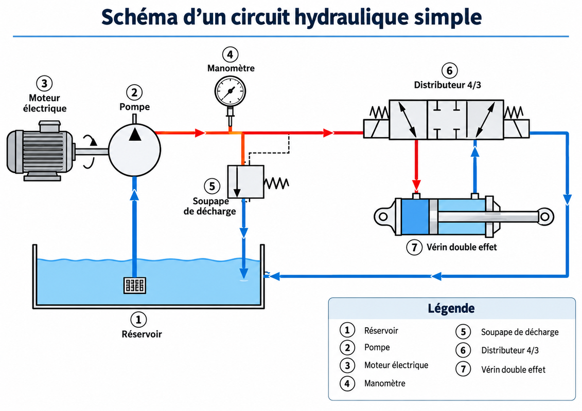 Schéma simple d'un circuit hydraulique avec pompe distributeur et vérin